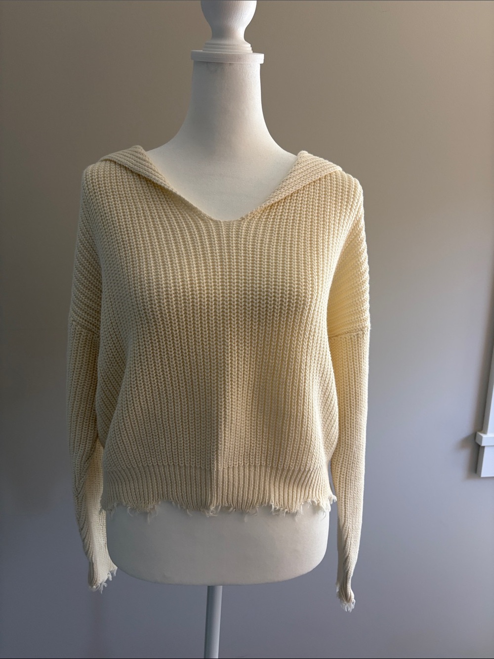 Forever 21 Cream V-Neck Hooded Rib-Knit Sweater